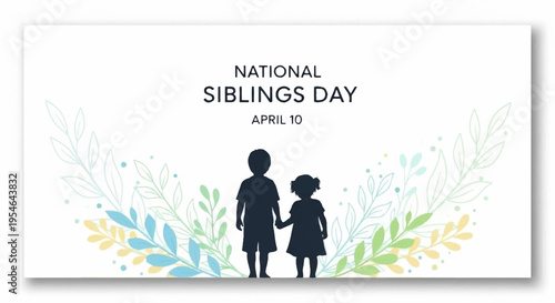 National siblings day poster with silhouette of two children holding hands surrounded by colorful leaves on white background