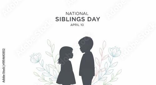 National siblings day illustration with silhouettes of brother and sister facing each other on white background with flowers
