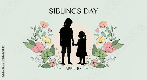 Silhouette of a boy and girl holding hands on siblings day surrounded by colorful flowers and green leaves on a light background