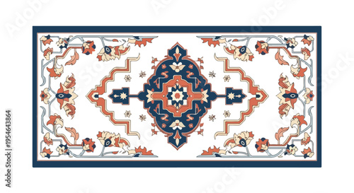 A vibrant rectangular rug with intricate blue, orange, and white patterns on a white background with a dark blue border.