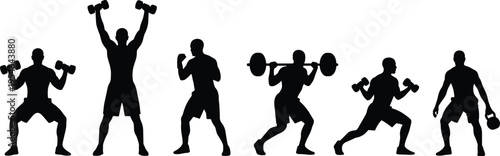 Fitness workout silhouettes, strength training exercises, weightlifting poses, athletic men training, gym routine illustration, healthy lifestyle concept