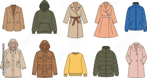 Flat vector illustration of winter and autumn outerwear collection, coats, jackets, hoodies, sweaters, modern fashion clothing set