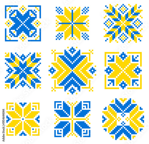 Blue and yellow Ukrainian folk ornament elements collection, geometric embroidery symbols vector set, Vyshyvanka Day