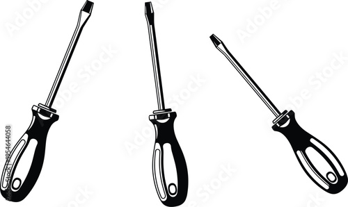 Flathead screwdriver, hand tool, black handle, white grip, metal shaft, ergonomic design, DIY equipment, repair tool, hardware accessory, precision tool