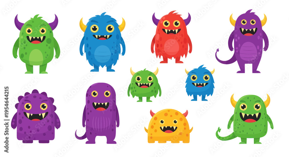 Fototapeta premium Cute Cartoon Monsters Collection - Funny Creatures with Big Eyes and Horns
