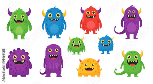 Cute Cartoon Monsters Collection - Funny Creatures with Big Eyes and Horns
