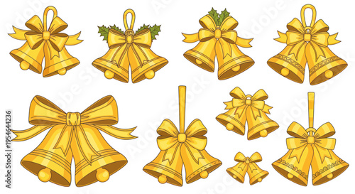 Golden Christmas Bells with Ribbons and Holly Accents - Festive Ornaments