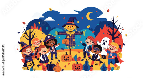 Happy Kids in Halloween Costumes with Scarecrow and Pumpkins