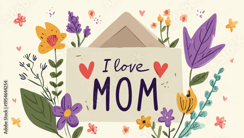 Mother's Day card with flowers and hearts, vector illustration