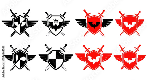 Heraldic Shield Crests with Wings and Swords Vector Icons Set