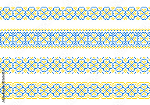 Seamless folk embroidery borders set, blue and yellow geometric cross stitch pattern isolated on white, vector Ukrainian Vyshyvanka ornaments
