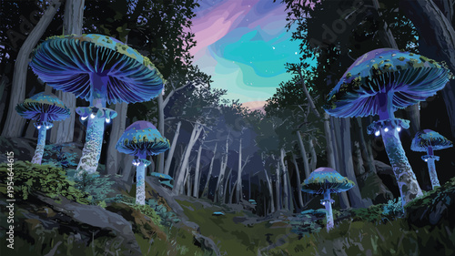 Panoramic view of a magical glowing mushroom forest at twilight time