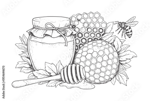 Hand drawn honey jar with honeycomb and bee dipper