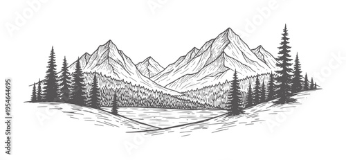Hand drawn mountain range with pine forest and lake landscape nature