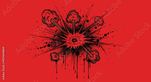 Black Ink Splatter on Red Background.