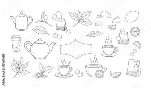 Hand drawn tea including teapots cups tea bags leaves and lemon slices leaf