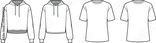 Front and back view fashion sketches of hoodies and t-shirts, garment design templates, apparel illustration for clothing mockups