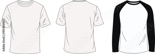 Front and back view of short sleeve T-shirt, long sleeve raglan shirt, fashion apparel design, clothing template illustration