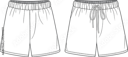 Front view technical sketch of men's shorts with elastic waistband, drawstring detail, stitching lines, fashion design illustration