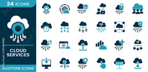 Cloud services icon set. Cloud computing, data storage, network system, cloud security, file sharing, data transfer, server infrastructure, digital technology, hosting service and more. Duotone vector