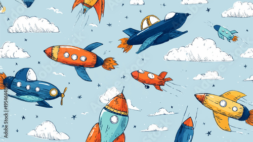 Set of colorful cartoon airplanes and rockets vector