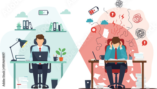 Productive Office Worker Versus Stressed Overworked Employee Concept Illustration Showing Calm Organized Workspace and Chaotic Messy Desk with Deadline Pressure and Mental Burnout