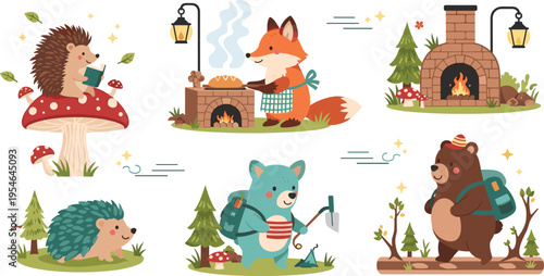 Cute Forest Animals Cozy Activities Set Featuring Hedgehog Fox and Bear Cooking Hiking and Relaxing in Woodland Nature Scene Flat Cartoon Vector Illustration