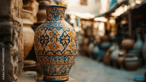 Textured ceramic vase with hand painted design displayed in market