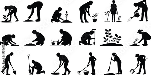 Gardening people silhouettes planting watering and digging isolated on white background, agriculture and garden work concept
