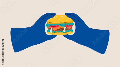 Hands holding hamburger. Colorful vector illustration