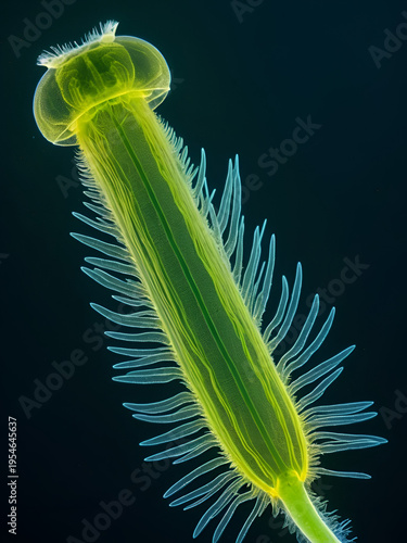 Microscopic view of a rotifer under fluorescence microscopy, highlighting its translucent body and ciliated appendages.