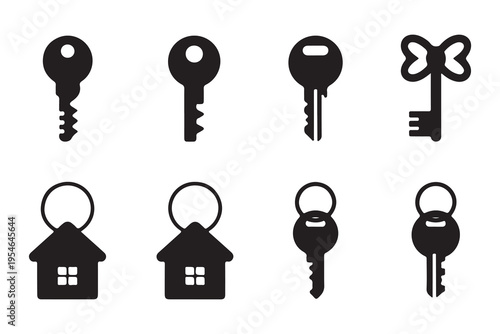 Minimalist house key and keychain flat icons collection for real estate business and home security systems