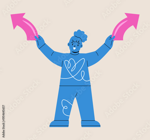 Happy girl comparing variants. Arrows indicate direction selection. Colorful vector illustration