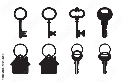 Antique key silhouettes and house keychain icons for real estate marketing and security service branding