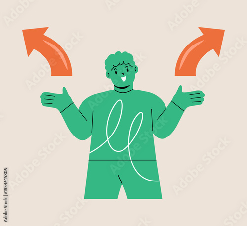 Happy boy comparing variants. Arrows indicate direction selection. Colorful vector illustration
