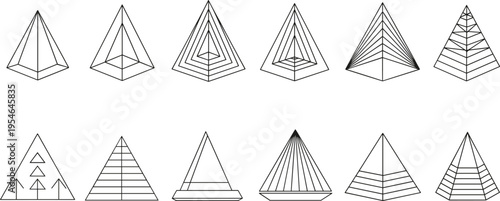 Geometric pyramid illustrations, abstract line art, architectural design, wireframe structures, symmetry, perspective, modern visual concept, minimal style