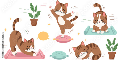 Cute Cartoon Cat Yoga and Relaxation Activities Set Featuring Stretching Poses Meditation Sleeping and Playful Exercises Adorable Pet Wellness Flat Vector Illustration