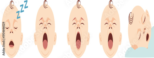Baby Yawning and Sleeping Expressions Vector Set with Cute Infant Faces Showing Tired Sleepy and Relaxed Emotions for Character Illustration Design.