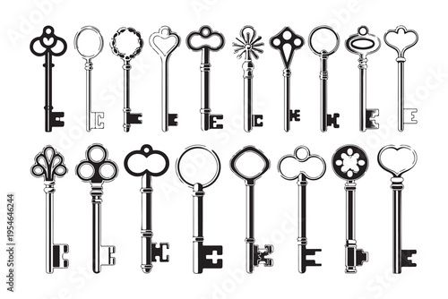 Vintage key collection featuring various ornate antique shapes and classical decorative metal skeleton designs