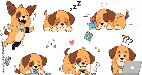 Cute Cartoon Puppy Daily Life Activities Set Featuring Sleeping Playing Eating Working and Thinking Dog Expressions Adorable Pet Behavior Flat Vector Illustration