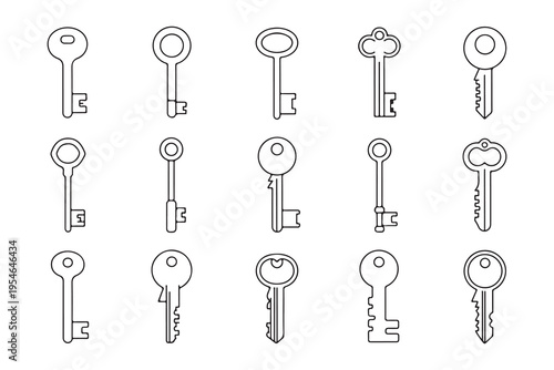 Set of black linear key icons isolated on white background, different shapes and sizes, outline vector illustration