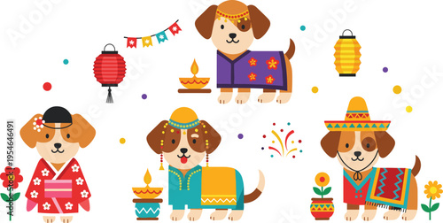 Cute Cartoon Dogs in Traditional Cultural Festival Costumes Set Featuring Indian Asian and Ethnic Celebration Outfits with Lanterns Decorations and Holiday Elements Flat Vector Illustration