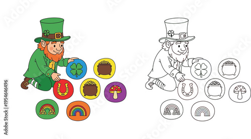 St. Patrick's Day Leprechaun illustration with lucky charms and black and white coloring page outline. Cartoon vector graphic for kids.