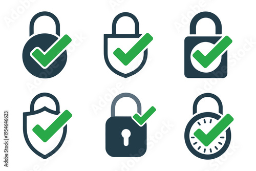Set of security icons with different padlock shapes and shield emblems denoting secure and protected systems
