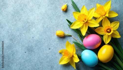 Brightly colored eggs and daffodils arranged on a textured concrete surface , grey, still life