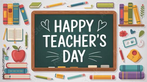 Happy teacher's day celebration with colorful school supplies and books around a chalkboard