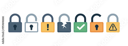 Security status icons featuring locked unlocked broken and warning padlocks indicating system conditions clearly