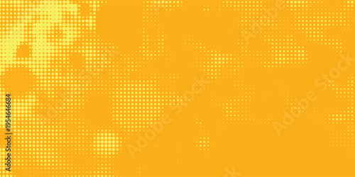 Yellow halftone pattern. Retro comic gradient background. Bright orange pixelated dotted texture overlay. Cartoon pop art faded gradient pattern. Vector backdrop for poster  banner  advertisement