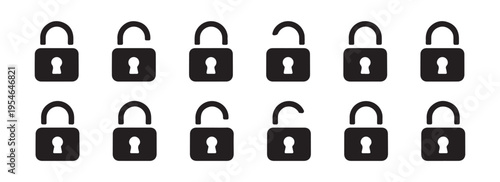 Black padlock icons set illustrating different states of locking and unlocking for digital security concepts