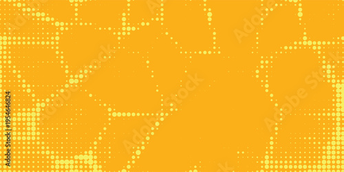 Yellow halftone pattern. Retro comic gradient background. Bright orange pixelated dotted texture overlay. Cartoon pop art faded gradient pattern. Vector backdrop for poster  banner  advertisement